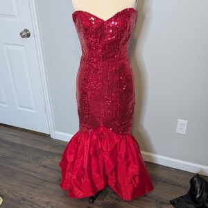Nadine Glamorous Scarlet Red‎ Sequin Strapless Maxi Mermaid 80s Dress Size Small